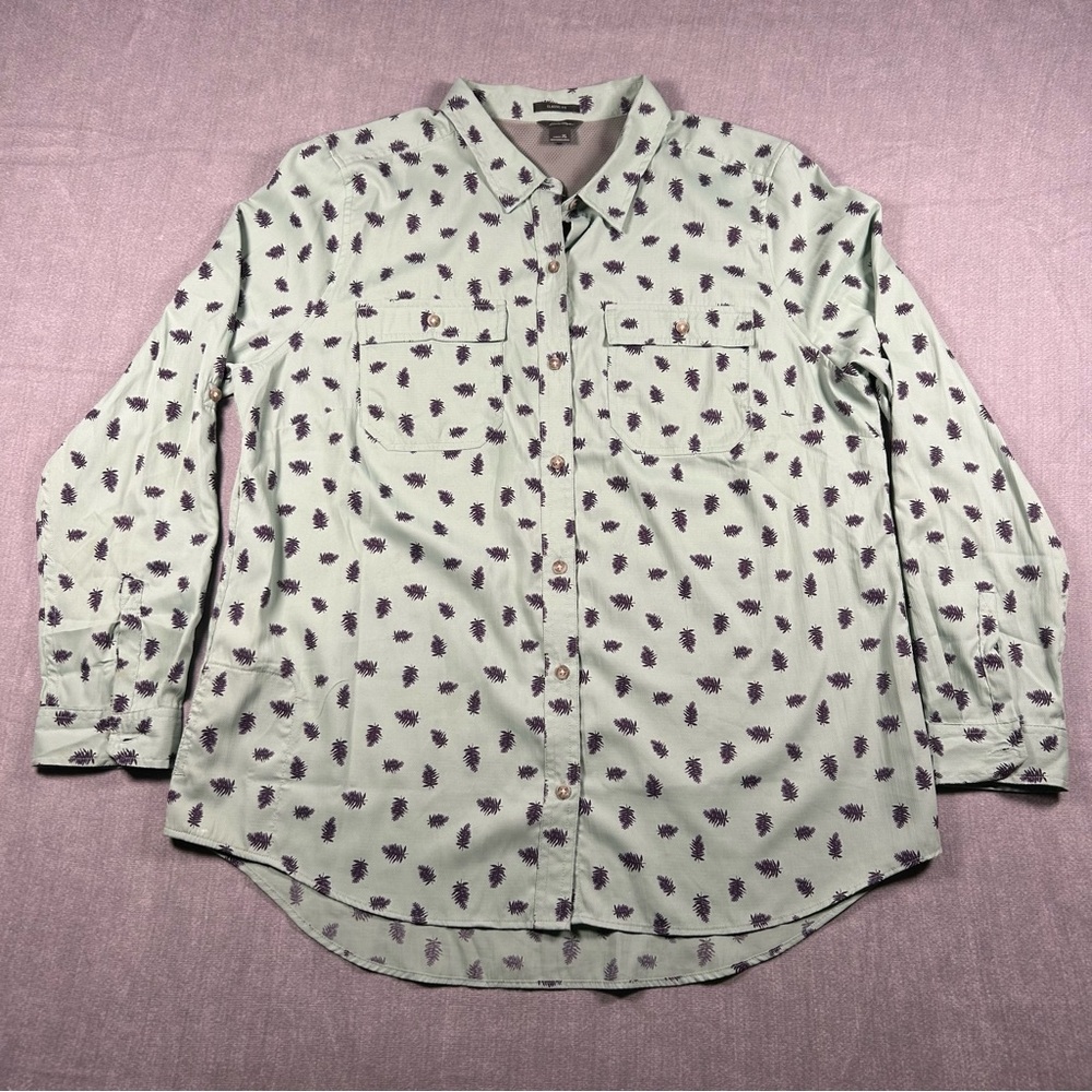 Eddie Bauer Womens XL Classic Fit Pinecone Print Button Down Hiking Shirt Green